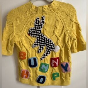 Vintage Whimsical Check Bunny Cable Knit Short Sleeve Cardigan Sweater Yellow